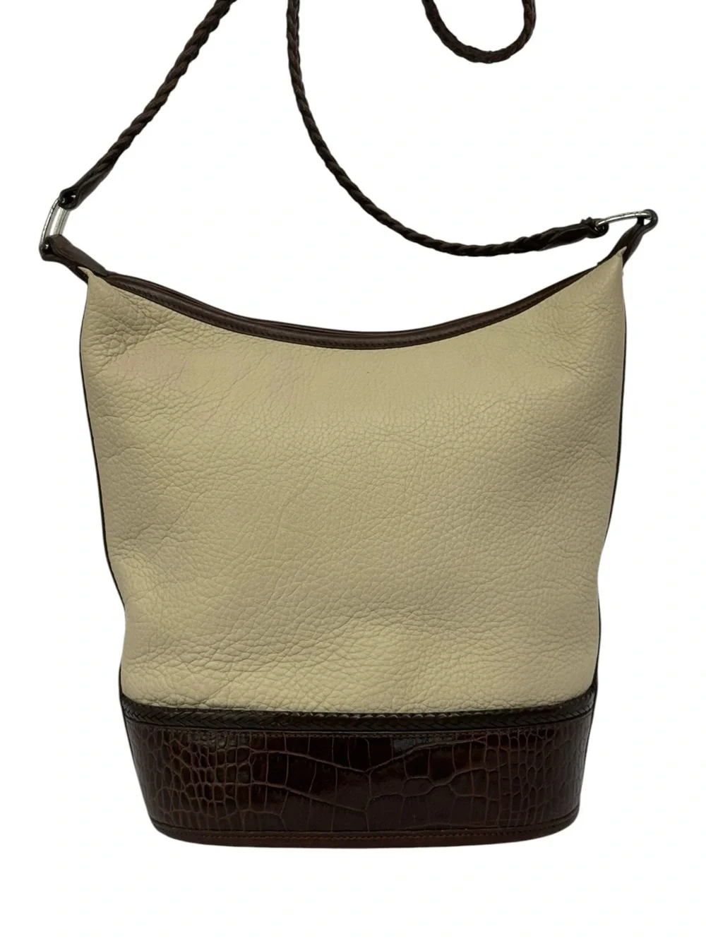 Vintage 1996 Brighton Beige Croc Leather Bucket Crossbody Purse w/Braided Strap